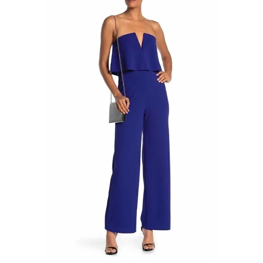 Bebe | Strapless V-Notch Crepe Jumpsuit | Blue